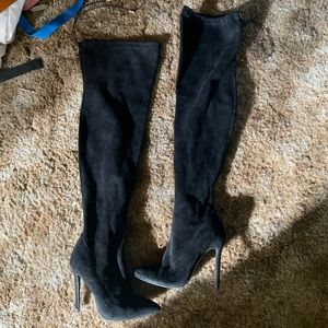 Black faux suede thigh high heel boots
